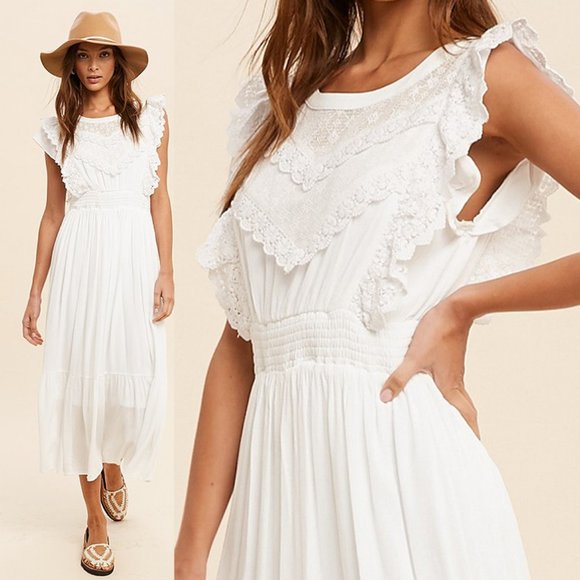 NEW Off White Romantic Lace Inset Ruffle Trim Yoke Smock Waist Midi Maxi Dress - Picture 1 of 10